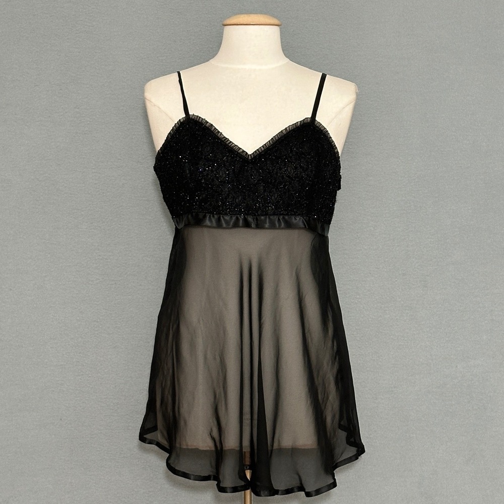 Cinema Etoile Womens Slip Dress Nightgown L Black Lace Mesh Babydoll Glitter